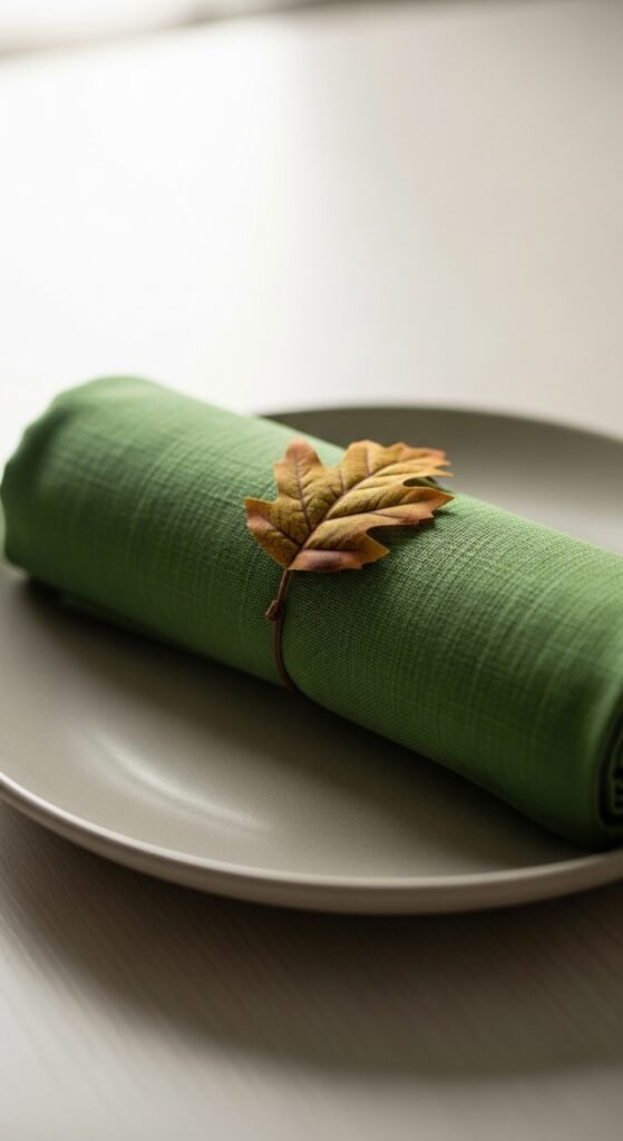 Rolled Napkin with Leaf Tie