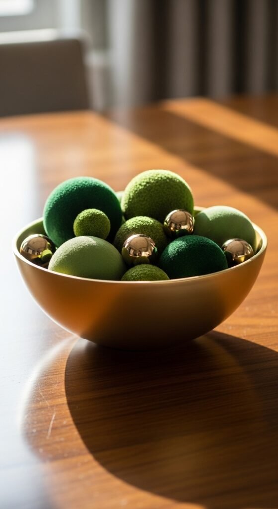 Gold Bowl Filled With Green Ornaments