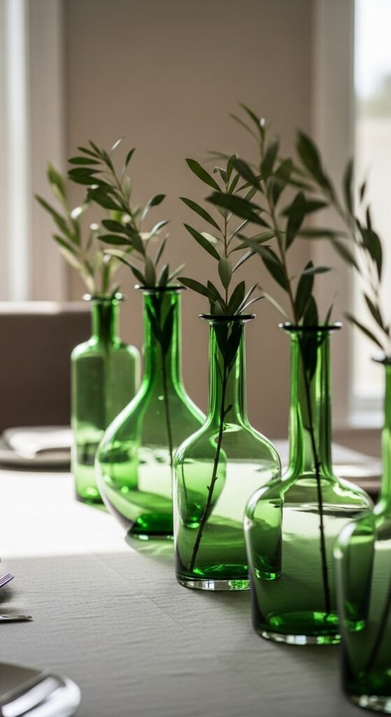 Layered Green Glass Vases With Cut Stems