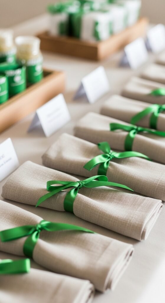 Neutral Linen Napkins with Green Ties