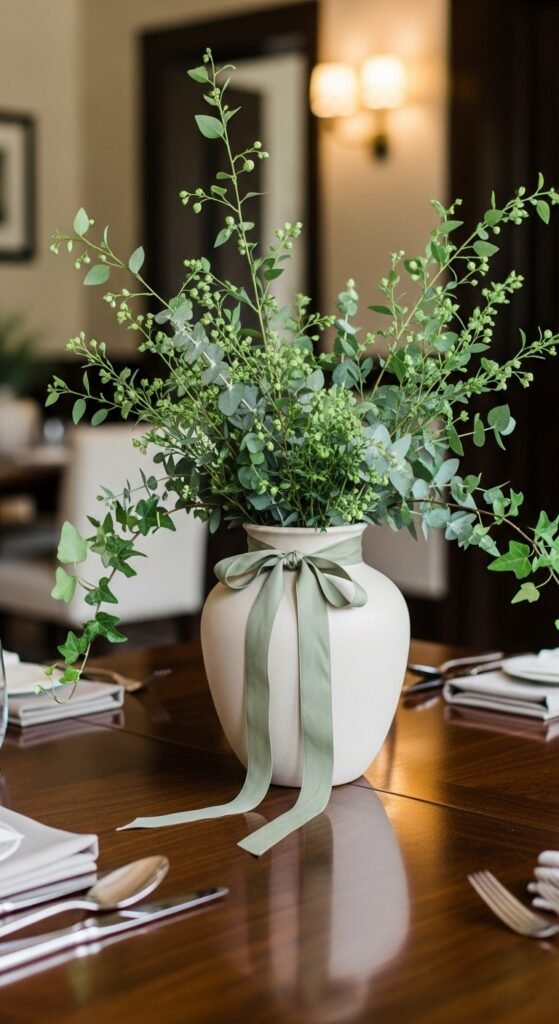 Neutral Vase With Green Ribbon Detail